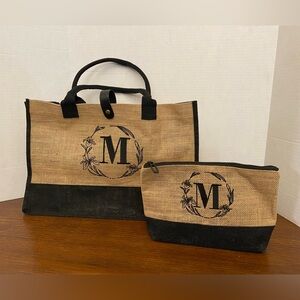 Monogrammed “M” Jute Tote and Cosmetic Bag Set